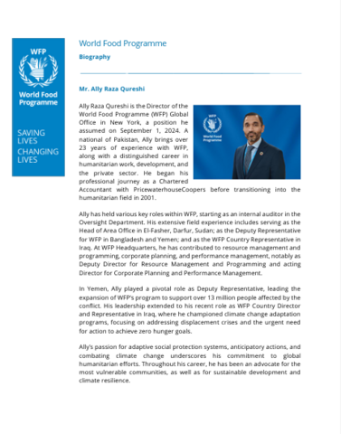 Ally‑Raza Qureshi, Directeur financier par intérim du PAM, est debout en tenue formelle, avec un texte biographique affiché à ses côtés.