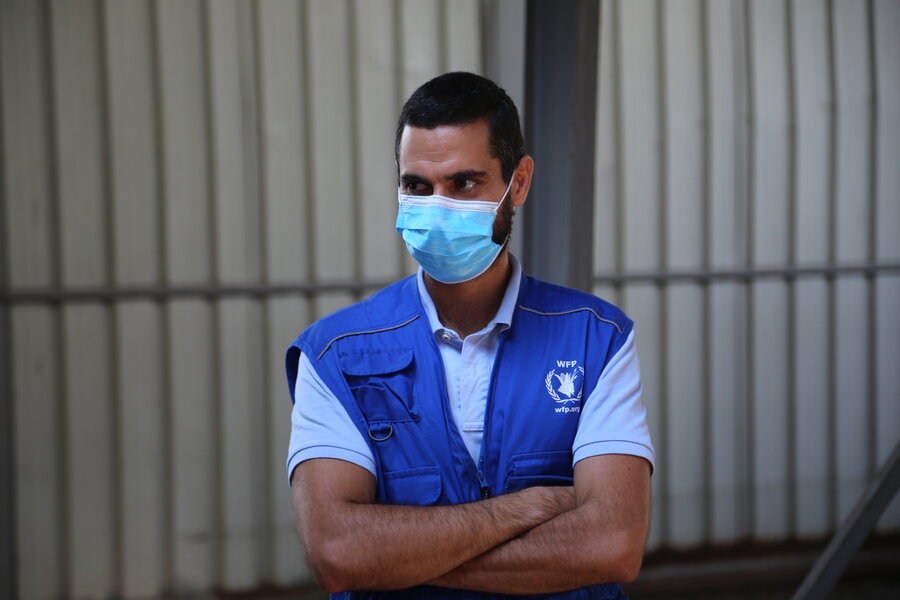 WFP staffer Cyril Noujaim wearing a face mask at a food distribution centre in Beirut.