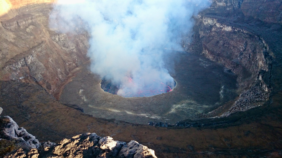 A close-up of smoke leaving the opening of the volcano Mount Nyiragongo.