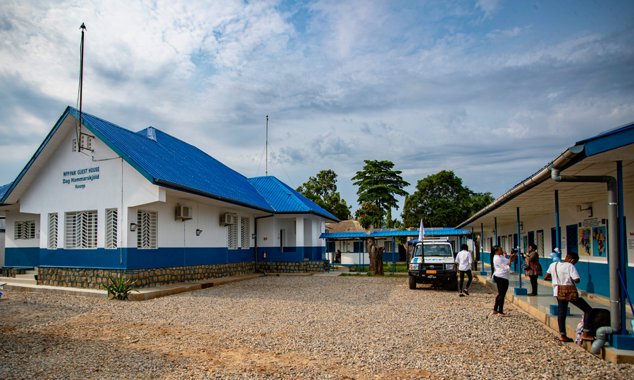 A landscape shot of a blue and white building.