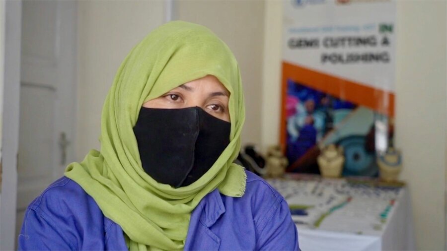 Mother-of-three Shafiqa earns a small income cutting and shaping gemstones. Photo: WFP Afghanistan