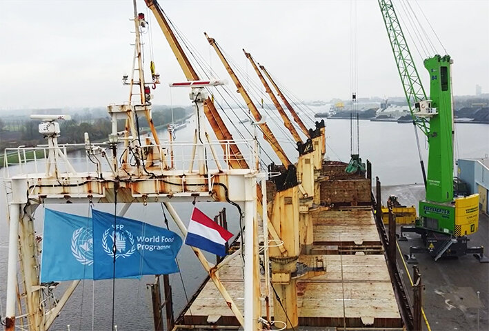 The WFP-chartered MV Greenwich is loaded with fertilizer in the Netherlands