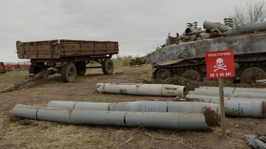 landmine sign and unexploded ordnance in Ukraine