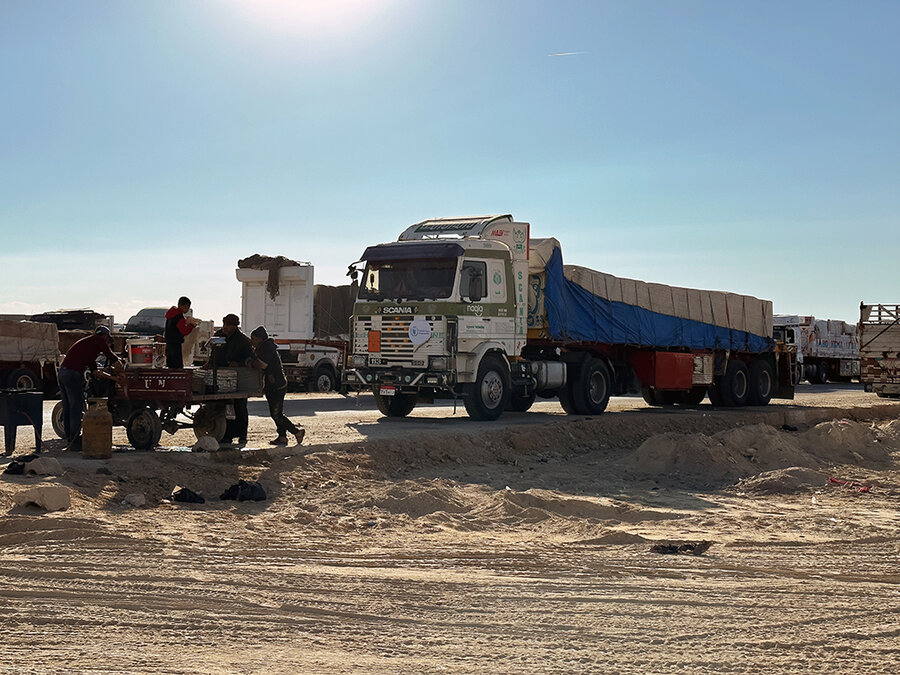 Trucks near the Rafah crossing into Gaza