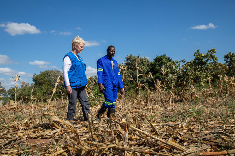 WFP Executive Director Cindy McCain checks out the devastation wrought by an El Nino-intensified drought in Zambia. Photo: WFP/Nkole Mwape
