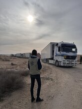 Photo : PAM/galerie de photos. Un convoi de premiers secours en provenance de Jordanie est arrivé dans la bande de Gaza depuis le début des hostilités le 7 octobre